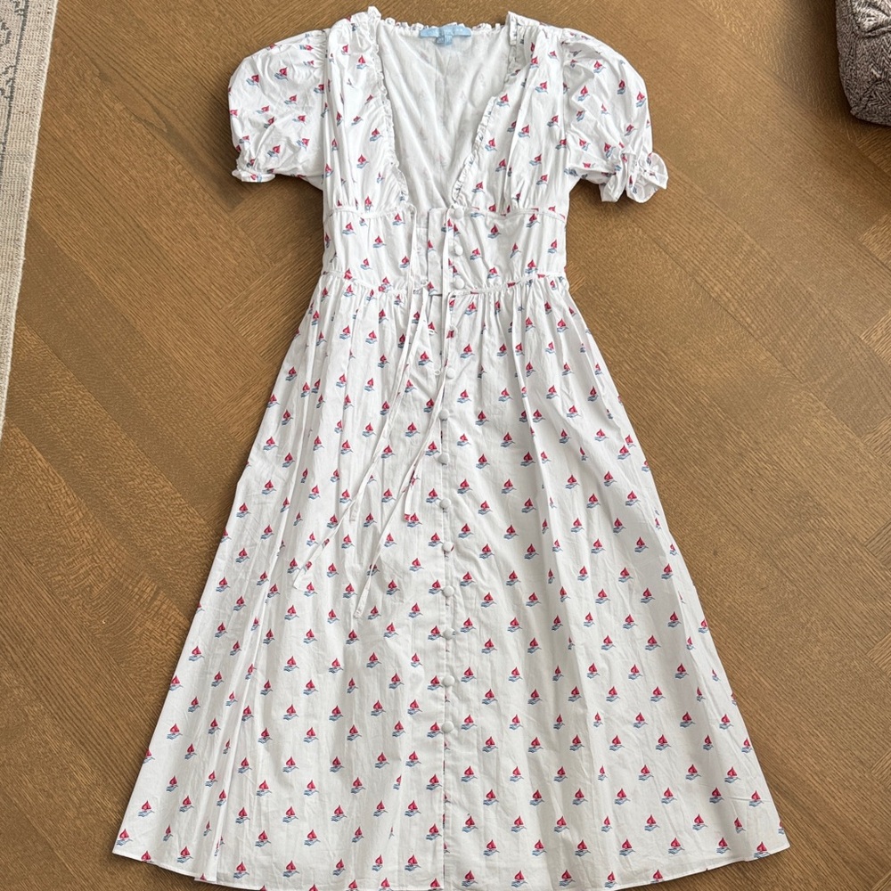 Hill House Sabrina White Midi Dress with Red Sailboat Print and Puff Sleeves